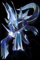 Rule 34 | black background, blue skin, claws, colored skin, commentary request, creatures (company), dialga, full body, game freak, gen 4 pokemon, highres, horns, kamikiririp, legendary pokemon, looking ahead, nintendo, no humans, pokemon, pokemon (creature), pokemon focus, red eyes, tail