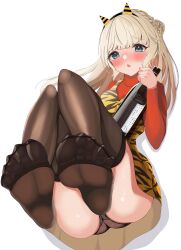 1girl absurdres alcohol animal_print aruka0807 ass black_panties black_thighhighs blue_eyes blush bottle braid braided_bun commentary_request dress fake_horns feet from_below hair_bun highres holding holding_bottle horns invisible_chair kantai_collection light_brown_hair long_hair long_sleeves no_shoes official_alternate_costume oni_horns open_mouth panties ranger_(kancolle) ranger_(setsubun)_(kancolle) red_sweater setsubun sitting soles solo sweater thighhighs toes underwear upskirt white_background