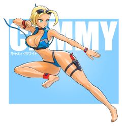 1girl absurdres ahoge anklet blonde_hair blue_eyes bracelet breasts cammy_white character_name cleavage commentary dattosan english_commentary fighting_stance highres huge_ahoge jewelry knife medium_breasts midriff navel short_hair street_fighter sunglasses tan thick_thighs thigh_strap thighs thong watch