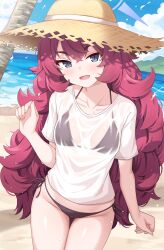 1girl absurdres alternate_costume bikini black_bikini blue_archive blue_sky blush breasts brown_hat cloud cloudy_sky collarbone commentary cowboy_shot crossed_bangs day enru fluffy_hair hair_between_eyes halo hat highres iroha_(blue_archive) long_hair looking_at_viewer ocean open_mouth outdoors purple_halo red_hair see-through_clothes shirt short_sleeves side-tie_bikini_bottom sky slit_pupils small_breasts smile solo straw_hat swimsuit thighs wet wet_clothes white_shirt