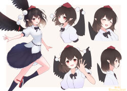 1girl artist_name bird_wings black_bow black_bowtie black_skirt black_socks black_wings blush bow bowtie brown_hair closed_eyes closed_mouth collared_shirt commentary frilled_skirt frills geta hat highres kneehighs long_hair looking_at_viewer multiple_expressions multiple_views ocooco open_mouth pointy_ears pom_pom_(clothes) puffy_short_sleeves puffy_sleeves red_eyes red_hat red_sandals sandals shameimaru_aya shirt short_sleeves skirt smile socks tengu-geta tokin_hat touhou twitter_username white_shirt wings