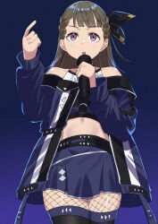 1girl ampere_(love_live!) bare_shoulders black_shirt black_thighhighs blue_background blue_coat blue_skirt blush braid brown_hair center-flap_bangs coat commentary cowboy_shot fishnet_pantyhose fishnets goldluck gradient_background highres kachimachi_kosuzu link!_like!_love_live! long_sleeves looking_at_viewer love_live! midriff miniskirt navel off-shoulder_coat off_shoulder official_alternate_costume open_clothes open_coat open_mouth pantyhose pleated_skirt shirt side_braids simple_background skindentation skirt sleeveless sleeveless_shirt solo standing teeth thighhighs upper_teeth_only v-shaped_eyebrows virtual_youtuber