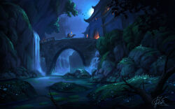 1other branch bridge chinnkun fantasy fog from_side horseback_riding landscape lily_pad moonlight night original painterly riding river rock signature sky torch water waterfall
