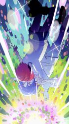 1boy 1girl absurdres amate_yuzuriha aqua_shirt aqua_skirt blue_hair glowing gundam gundam_gquuuuuux hetero highres kiss long_sleeves mqkepuoq multicolored_hair purple_hair red_eyes red_hair school_uniform shirt short_hair shuji_ito skirt two-tone_hair white_shirt