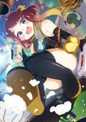 Rule 34 | 1girl, :d, absurdres, alcohol, bare shoulders, beer, beer can, black gloves, black shoes, black thighhighs, blonde hair, blue eyes, blurry, blurry foreground, blush, boots, brown hair, can, commission, depth of field, drink can, earth (planet), elbow gloves, food, gloves, gradient hair, hair ornament, hairclip, highres, holding, holding can, looking at viewer, multicolored hair, open mouth, original, panties, planet, round teeth, shiro9jira, shoe soles, shoes, sitting, skeb commission, sky, sleeveless, smile, solo, space, spacecraft, star (sky), starry sky, takoyaki, teeth, thigh boots, thighhighs, two-tone hair, two side up, underwear, upper teeth only, white panties