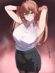 1girl absurdres ananda_hikari aqua_eyes armpits arms_behind_head artist_name azur_lane black_pantyhose black_skirt blue_eyes breasts brown_hair closed_mouth collared_shirt crossed_bangs highres impero_(azur_lane) impero_(drunken_drowsy_dreamer)_(azur_lane) large_breasts long_hair looking_at_viewer office_lady official_alternate_costume pantyhose pencil_skirt shirt skirt sleeveless sleeveless_shirt solo white_shirt