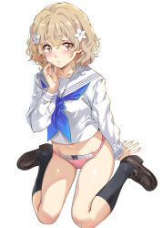 1girl :o arm_support black_socks bow bow_panties breasts brown_eyes brown_hair brown_shoes commentary_request flower furrowed_brow hair_flower hair_ornament hanasaku_iroha hand_up highres loafers long_sleeves looking_at_viewer matsumae_ohana medium_breasts nagayori navel panties parted_lips pink_panties sailor_collar shirt shoes simple_background sitting socks solo thighs underwear wariza wavy_hair white_background white_flower white_sailor_collar white_shirt
