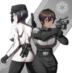 2girls ammunition_belt armor ass belt black_hair breasts brown_eyes brown_hair dark_skin galactic_empire_(star_wars) gun handgun highres imperial_security_bureau_(star_wars) military_uniform multiple_girls pauldrons shirt short_hair shoulder_armor signature star_wars third-party_source weapon white_background white_shirt zxpfer