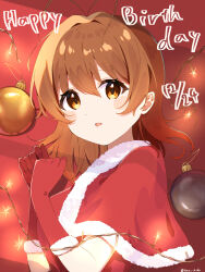 Rule 34 | 1girl, 2024, absurdres, antenna hair, blush stickers, brown eyes, brown hair, capelet, christmas, christmas ornaments, clannad, clenched hands, commentary request, dated, dated commentary, emu shido, eyelashes, eyes visible through hair, fur-trimmed capelet, fur-trimmed gloves, fur trim, furukawa nagisa, gloves, hair between eyes, hair intakes, hands up, happy birthday, highres, looking at viewer, lying, medium hair, on side, open mouth, red capelet, red gloves, santa capelet, santa costume, santa gloves, smile, solo, sparkle, tareme, twitter username, upper body