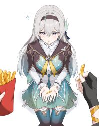 1boy 1girl :t absurdres anger_vein black_gloves black_hairband black_jacket black_thighhighs blush breasts caelus_(honkai:_star_rail) dress fingerless_gloves firefly_(honkai:_star_rail) food french_fries gloves green_dress grey_hair hair_between_eyes hair_ornament hairband highres holding holding_food honkai:_star_rail honkai_(series) jacket long_hair long_sleeves looking_at_viewer medium_breasts neckerchief nicel orange_neckerchief pink_eyes pout pov simple_background sitting solo thighhighs trailblazer_(honkai:_star_rail) white_background
