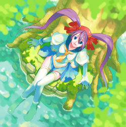 Rule 34 | 1girl, blue eyes, blue skirt, bracelet, cave, elbow gloves, female focus, gloves, highres, jewelry, looking at viewer, mushihime-sama, open mouth, purple hair, reco, ribbon, ryuuta (msxtr), sailor collar, school uniform, serafuku, skirt, smile, solo, thighhighs, twintails, zettai ryouiki