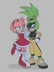 2girls amy_rose animal_ear_piercing animal_ears black_shirt blue_eyes bonehearts boots dress furry furry_female gloves green_eyes green_fur grey_background grin hand_on_another&#039;s_chin looking_at_another multicolored_boots multiple_girls pants pink_fur red_boots red_dress sharp_teeth shirt simple_background sleeveless sleeveless_dress sleeveless_shirt smile sonic_(series) sonic_the_hedgehog_(idw) standing surge_the_tenrec tail teeth two-tone_boots white_boots white_gloves yellow_pants yuri