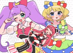 3girls 80pn :d ;d ahoge blonde_hair blue_eyes bow closed_mouth cone_hair_bun cowboy_shot detached_sleeves double_bun dress full_body green_eyes hair_bow hair_bun heart heart_hands highres hojo_sophy idol_clothes kashikoma! manaka_laala minami_mirei multicolored_dress multiple_girls multiple_hair_bows one_eye_closed open_mouth pink_bow pretty_series pripara puffy_detached_sleeves puffy_sleeves purple_hair red_hair smile thighhighs treble_clef v v_over_eye