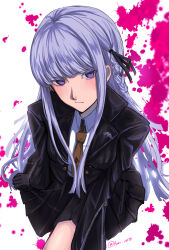 Rule 34 | 1girl, absurdres, ao no tori (aonotori), black gloves, black ribbon, blood, blush, braid, breasts, closed mouth, collared shirt, danganronpa: trigger happy havoc, danganronpa (series), gloves, hair ribbon, highres, jacket, kirigiri kyoko, large breasts, long hair, long sleeves, looking at viewer, necktie, open clothes, open jacket, pink blood, pink eyes, purple eyes, ribbon, shirt, side braid, skirt, solo, white background