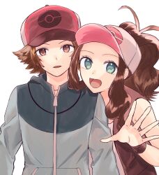 1boy 1girl backwards_hat baseball_cap black_vest blue_jacket brown_eyes brown_hair enamo_(dcah) exposed_pocket green_eyes hat high_ponytail highres hilbert_(pokemon) hilda_(pokemon) jacket nintendo poke_ball_print pokemon pokemon_bw ponytail vest wristband zipper_pull_tab