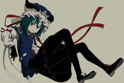 1girl absurdres black_gloves black_pantyhose black_skirt blue_eyes frilled_hat frills gloves green_eyes green_hair hat highres long_sleeves pantyhose ribbon shiki_eiki shirt short_hair simple_background skirt sleeve_bow touhou uzou_(uzooooooooo) white_shirt