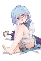 Rule 34 | 1girl, absurdres, ahoge, barefoot, blue eyes, blue hair, blue skirt, blue vest, closed umbrella, collared shirt, feet, full body, gumingdi ban, hair between eyes, heterochromia, highres, hugging own legs, juliet sleeves, karakasa obake, knees to chest, knees up, long sleeves, looking at viewer, medium hair, open mouth, puffy sleeves, purple umbrella, red eyes, shirt, simple background, sitting, skirt, solo, tatara kogasa, toes, touhou, umbrella, vest, white background, white shirt