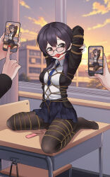 absurdres ball_gag bdsm black_eyes black_hair black_pantyhose blazer blue_necktie bondage bound breasts cloud cloudy_sky collared_shirt commission crotch_rope drooling egg_vibrator gag gagged highres indoors jacket long_hair looking_at_another low_twintails medium_breasts necktie on_table pantyhose phone pixiv_commission pleated_skirt restrained school_uniform sex_toy shibari shibari_over_clothes shirt sitting skindentation skirt sky table twintails vibrator wariza white_shirt window yanx5