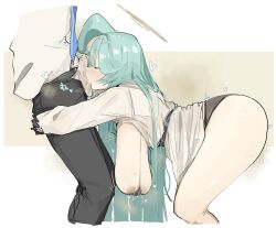 Rule 34 | 1boy, 1girl, bent over, bikini, black gloves, blue archive, blush, breasts, bulge, cum, cum in clothes, cum through clothes, ejaculation under clothes, erection, erection under clothes, from side, gloves, grey hair, hanging breasts, heart, highres, hug, huge breasts, large breasts, leebo (leeboxxx), long hair, long sleeves, micro bikini, open clothes, profile, sagging breasts, sensei (blue archive), shirt, smelling, smelling penis, solo, swimsuit, underwear, white shirt