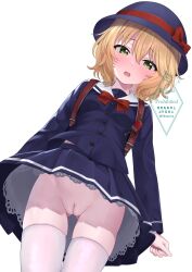 1girl absurdres backpack bag blonde_hair blue_dress blush bow commission dress gluteal_fold green_eyes hat hat_bow highres idolmaster idolmaster_cinderella_girls idolmaster_cinderella_girls_u149 long_sleeves looking_at_viewer no_panties open_mouth pussy randoseru red_bow ri5taccia sakurai_momoka school_uniform skeb_commission solo thighhighs uncensored white_background