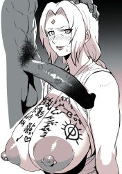 Rule 34 | 1boy, 1girl, absurdres, body writing, breasts, cleavage, dark-skinned male, dark skin, highres, huge breasts, kisuu, large areolae, large nipples, lipstick mark, lipstick mark on penis, long hair, male pubic hair, naruto (series), naruto shippuuden, nipple piercing, nipples, piercing, pubic hair, pubic hair on face, sagging breasts, stray pubic hair, tsunade (naruto)