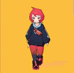 1girl 3d andrei_mishanin animated arezu_(pokemon) black_shorts blue_sweater brown_pantyhose diamond_clan_outfit female_focus floating from_side full_body head_tilt knees_up legs long_sleeves looking_at_another looking_at_viewer matching_hair/eyes multicolored_pantyhose multiple_views nintendo pantyhose papercraft pokemon pokemon_legends:_arceus red_eyes red_hair red_pantyhose scissors short_hair short_shorts shorts sidelocks signature sound sweater third-party_edit video walking yellow_background