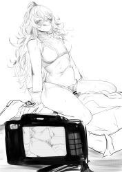 1boy 1girl :q absurdres amano44 bar_censor bikini boku_no_hero_academia breasts camera censored greyscale hagakure_toru hetero highres large_breasts long_hair midoriya_izuku monochrome navel sex stomach_bulge sweat swimsuit tongue tongue_out unusually_visible