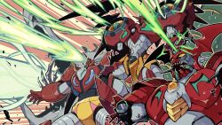 Rule 34 | arm blade, armor, bat wings, battle damage, chest jewel, colored sclera, cowboy shot, damaged, demon wings, forehead jewel, gem, getter-1 (devolution), getter arc, getter rays, getter robo, getter robo arc, getter robo daikessen!, getter robo devolution, hanahiyo (hoimin), head wings, highres, horns, laser, mecha, mecha focus, missing limb, mouth beam, multicolored armor, non-humanoid robot, open mouth, orange gemstone, red armor, robot, robot dragon, sharp teeth, shin dragon, shin getter dragon, shin getter robo, shoulder cannon, single horn, super robot, teeth, weapon, wings, yellow armor, yellow eyes, yellow sclera