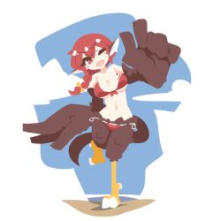 Rule 34 | 1girl, animal ears, bare shoulders, big o pants, bikini, bird ears, bird legs, bird tail, blush stickers, brown feathers, brown wings, commentary, feather fingers, feathered wings, feathers, fio-chan (big o pants), harpy, long hair, monster girl, navel, no lineart, one eye closed, open mouth, original, outdoors, red bikini, red eyes, red hair, side-tie bikini bottom, solo, standing, standing on one leg, swimsuit, tail, talons, winged arms, wings