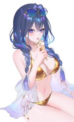 1girl 707arisu alternate_costume bikini blue-tinted_eyewear blue_eyes blue_hair blush braid breasts cleavage collarbone commentary crossed_bangs double-parted_bangs eyelashes eyewear_on_head food glint gold_bikini golden_week golden_week_bikini hair_between_eyes hair_ribbon heart heart-shaped_eyewear highres holding holding_ice_cream_cone hololive hololive_english ice_cream ice_cream_cone large_breasts long_hair looking_at_viewer low_twin_braids navel official_alternate_hairstyle open_mouth ouro_kronii ribbon see-through_clothes see-through_shawl shawl shiny_clothes side-tie_bikini_bottom simple_background sitting solo stomach sunglasses swimsuit three_quarter_view tinted_eyewear twin_braids virtual_youtuber white_background white_shawl