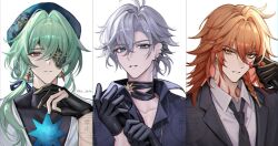 3boys adjusting_clothes adjusting_gloves anaxa_(honkai:_star_rail) anaxa_(ingenuity)_(honkai:_star_rail) antenna_hair aqua_hair black_choker black_gloves black_jacket black_necktie black_shirt blonde_hair blue_eyes blue_hat braid choker collared_shirt commentary crystal_earrings earclip earrings eyepatch facial_tattoo gloves gradient_hair hair_between_eyes half_gloves hat honkai:_star_rail honkai_(series) jacket jewelry male_focus medium_hair multicolored_hair multiple_boys mydei_(honkai:_star_rail) necktie official_alternate_costume open_clothes open_jacket parted_bangs partially_fingerless_gloves phainon_(fashion)_(honkai:_star_rail) phainon_(honkai:_star_rail) ponytail red_hair red_tattoo shirt short_hair sicle side_braid tattoo watermark white_hair white_shirt yellow_eyes