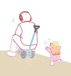 Rule 34 | 1boy, 1girl, absurdres, anger vein, animal ear fluff, animal ears, arms up, blue archive, brown hair, cat ears, chibi, doodle sensei (blue archive), dress, eighth note, halo, highres, horuhara, long hair, long sleeves, mari (blue archive), mini person, minigirl, motion blur, motion lines, musical note, pajamas, pants, pink dress, pink pajamas, pink slippers, polka dot, polka dot dress, running, sensei (blue archive), shirt, short sleeves, simple background, sleeves past wrists, slippers, speed lines, white background