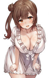 1girl blush breasts brown_eyes brown_hair cevio cleavage collarbone commentary_request dress frilled_dress frills adversarial_noise hair_between_eyes hair_bun highres large_breasts long_hair looking_at_viewer open_mouth satou_sasara short_sleeves side_ponytail sidelocks simple_background smile solo standing tenneko_yuuri white_background white_dress