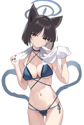 1girl absurdres animal_ears bikini black_eyes black_hair black_nails blue_archive blue_bikini breasts cat_ears cat_girl cat_tail cleavage highres holding holding_towel kaminari_(edeath) kikyou_(blue_archive) kikyou_(swimsuit)_(blue_archive) looking_at_viewer multiple_tails navel official_alternate_costume ozakinggg parted_bangs short_hair solo swimsuit tail towel two_tails