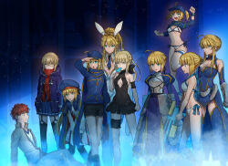 1boy 6+girls ahoge animal_ears are_you_my_master armor armored_dress artoria_caster_(fate) artoria_caster_(second_ascension)_(fate) artoria_pendragon_(fate) artoria_pendragon_(lancer)_(fate) artoria_pendragon_(swimsuit_archer)_(fate) artoria_pendragon_(swimsuit_ruler)_(fate) bare_back bare_shoulders baseball_cap belt bikini black-framed_eyewear black_bow black_headwear black_jacket black_one-piece_swimsuit black_pantyhose black_shorts black_thighhighs blonde_hair blue_belt blue_cape blue_capelet blue_gloves blue_headwear blue_jacket blue_legwear blue_leotard blue_neckwear blue_scarf blue_serafuku bow bowtie braid breasts cape capelet casino_card_table cleavage cleavage_cutout clothing_cutout coat commentary_request detached_collar dress duffel_coat emiya_shirou fake_animal_ears fate/grand_order fate/stay_night fate_(series) feather_boa fishnet_legwear fishnets fringe_trim glasses gloves green_eyes hair_between_eyes hair_ribbon hair_through_headwear hat highleg highleg_leotard highres holding holding_staff homurabara_academy_school_uniform hood hooded_coat jacket jewelry large_breasts leotard long_hair low_ponytail medium_breasts multicolored_cape multicolored_capelet multiple_girls multiple_persona mysterious_heroine_x_(fate) mysterious_heroine_x_alter_(fate) mysterious_heroine_xx_(fate) navel_cutout none_(kameko227) o-ring o-ring_belt one-piece_swimsuit open_clothes open_coat open_jacket orange_hair over-kneehighs pantyhose plaid_clothes plaid_scarf playboy_bunny poker_chip poker_table ponytail prydwen_(fate) rabbit_ears red_scarf ribbon saber_(fate) saber_alter saber_alter_(swimsuit_rider) santa_hat scarf scene_reference school_uniform semi-rimless_eyewear serafuku short_hair shorts shrug_(clothing) sidelocks staff striped_belt swept_bangs swimsuit table thighhighs thighlet tiara track_jacket twinmyniad_(fate) under-rim_eyewear water_gun white_bikini white_leotard wrist_cuffs yellow_eyes