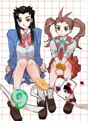 ace_attorney apollo_justice black_hair bowtie brown_hair brown_shoes card formal_clothes genderswap genderswap_(mtf) green_bow green_bowtie magatama o-jupiter-o phoenix_wright pink_bow pink_bowtie playing_card shoes skirt socks white_socks