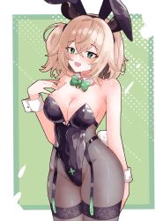 1girl :d absurdres animal_ears black_leotard blush bow bowtie breasts brown_hair cleavage covered_navel crossed_bangs ddrawins detached_collar fake_animal_ears fang garter_straps green_background green_bow green_bowtie green_eyes hair_between_eyes highres indie_virtual_youtuber leotard long_hair looking_at_viewer medium_breasts nimi_nightmare open_mouth playboy_bunny rabbit_ears rabbit_tail side_ponytail skin_fang smile solo strapless strapless_leotard tail tapir_ears tapir_girl virtual_youtuber white_background wrist_cuffs