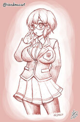 1girl arm_behind_back bokutachi_wa_benkyou_ga_dekinai breasts commentary dated english_commentary glasses hand_up highres ian_dimas impossible_clothes large_breasts long_sleeves monochrome ogata_rizu pantyhose red_theme school_uniform short_hair skirt solo standing twitter_username