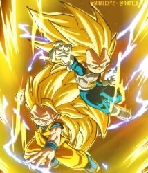 2boys armor artist_collaboration aura blonde_hair blue_bodysuit blue_boots blue_shirt bodysuit boots clenched_hand dougi dragon_ball dragon_ball_daima electricity fighting_stance full_body gloves green_eyes highres long_hair male_focus midair mralexy2 multiple_boys no_eyebrows orange_pants orange_tunic pants renatt_(rntt_o) saiyan_armor shirt son_goku spiked_hair super_saiyan super_saiyan_3 tunic vegeta white_armor white_boots white_gloves