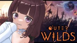bow brown_hair hair_bow indie_virtual_youtuber official_alternate_costume open_clothes open_shirt purple_eyes shirt shondophrenic_(fallenshadow) title virtual_youtuber white_shirt