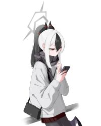 1girl absurdres black_bag black_hair black_horns black_scarf blue_archive cellphone closed_mouth demon_horns gradient_hair grey_hair grey_pantyhose grey_sweater halo hashtag-only_commentary highres hit_by_hit holding holding_phone horns kayoko_(blue_archive) long_sleeves looking_at_phone multicolored_hair pantyhose phone ponytail red_eyes scarf sidelocks single_wing smartphone solo standing sweater two-tone_hair wings