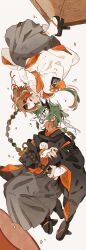 2boys baggy_pants black_footwear black_horns black_kimono braid brown_hair commentary_request covered_face fingernails full_body geta green_hair grey_pants hair_floating_upwards hair_ornament highres holding holding_sword holding_weapon horns japanese_clothes katana kimono knees_up long_hair male_focus mask multiple_boys nanase_(nanataroo_7) oni orange_nails original pants parted_bangs sharp_fingernails sheath sheathed short_hair single_braid socks sword tassel tassel_hair_ornament very_long_hair weapon white_background white_kimono white_sleeves white_socks