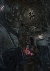 Rule 34 | 1girl, 1other, alien, ambush, astronaut, bags under eyes, bandaid, bandaid on cheek, bandaid on face, bandaid on nose, closed mouth, core, cowboy shot, dark, dark room, ephe99261012, from below, hand on mask, hand on own head, hiding, highres, horror (theme), indoors, jitome, light frown, monitor, original, pink light, pointing at object, science fiction, screen light, short hair, slime (creature), small sweatdrop, space, spacecraft interior, spacesuit, sweat, welding mask