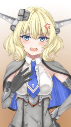 Rule 34 | 1girl, anger vein, black gloves, blonde hair, blue capelet, blue eyes, blue necktie, braid, breasts, capelet, colorado (kancolle), dress, elbow gloves, garrison cap, gloves, grey capelet, grey dress, grey hat, hair between eyes, hat, headgear, highres, kantai collection, koru pera, large breasts, necktie, pleated dress, shirt, short hair, side braids, sideboob, sideless shirt, sleeveless, solo, two-sided capelet, white shirt