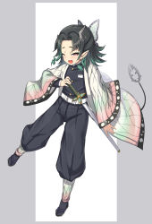 Rule 34 | 1girl, :d, absurdres, alternate hairstyle, belt, black hair, black jacket, black pants, blue hair, butterfly hair ornament, commentary request, cosplay, demon girl, demon horns, demon tail, fang, flat chest, full body, grey background, hair ornament, haori, highres, horns, jacket, japanese clothes, katana, kimetsu no yaiba, kimono, kochou shinobu, kochou shinobu (cosplay), long sleeves, looking at viewer, medium hair, multicolored hair, nanashi inc., one eye closed, open mouth, pants, parted bangs, red eyes, rose22, sandals, shirt, shishio chris, smile, solo, sugar lyric, sword, tail, two-tone background, two-tone hair, virtual youtuber, weapon, white background, white belt, white shirt, zouri