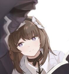 Rule 34 | 1girl, 1other, arknights, black choker, black hairband, blurry, bow, brown hair, chinese commentary, choker, closed mouth, commentary request, doctor (arknights), grey eyes, hairband, heads together, highres, hood, hood up, leaning, leaning on person, medium hair, pink pupils, priestess (arknights), s41ty, simple background, smile, split mouth, white background, white bow