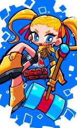 1girl aqua_eyes backpack bag belt bike_shorts_under_skirt black_shirt black_shorts blonde_hair blue_background blue_eyes boots brown_belt character_name copyright_name dragon_quest dragon_quest_builders_2 dress earrings female_builder_(dqb2) floating_clothes floating_hair fringe_trim gloves hair_pulled_back hair_ribbon hammer highres holding holding_hammer hoop_earrings jewelry km_navi looking_to_the_side multicolored_eyes neckerchief open_mouth red_dress red_ribbon ribbon shirt shirt_under_dress shorts silver_earrings solo twintails two-tone_background two-tone_dress white_background white_dress yellow_boots yellow_gloves yellow_neckerchief