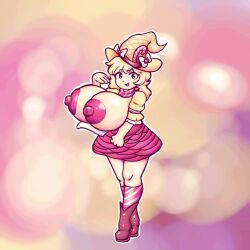 1girl bad_tag blonde_hair blue_eyes blurry blurry_background boots bow breasts brown_boots brown_hat candy candy_cane dot_nose food hand_up hat highres huge_breasts large_areolae large_nipples long_hair nipples open_mouth original outline pale_skin pink_skirt puffy_short_sleeves puffy_sleeves red_scarf scarf shirt short_sleeves skirt smile socks solo striped_clothes striped_socks thatartistann white_bow white_outline witch_hat yellow_shirt