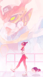 1girl absurdres amate_yuzuriha aqua_eyes beanie commentary full_body gquuuuuux gundam gundam_gquuuuuux haro hat highres lyu1250329 mecha mecha_pilot_suit mobile_suit non-humanoid_robot pom_pom_(clothes) pom_pom_beanie red_hair robot science_fiction short_hair solo symbol-only_commentary v-fin walking