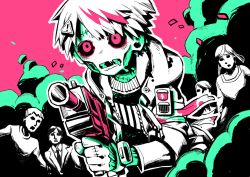 1boy 4others bandages bandages black_sclera blood bloody_bandages caution cherico closed_mouth colored_sclera gun holding holding_gun holding_weapon hood hood_down hoodie injury long_hair multiple_others open_mouth original pink_background pink_eyes running simple_background smoke stitches weapon zipper zombie